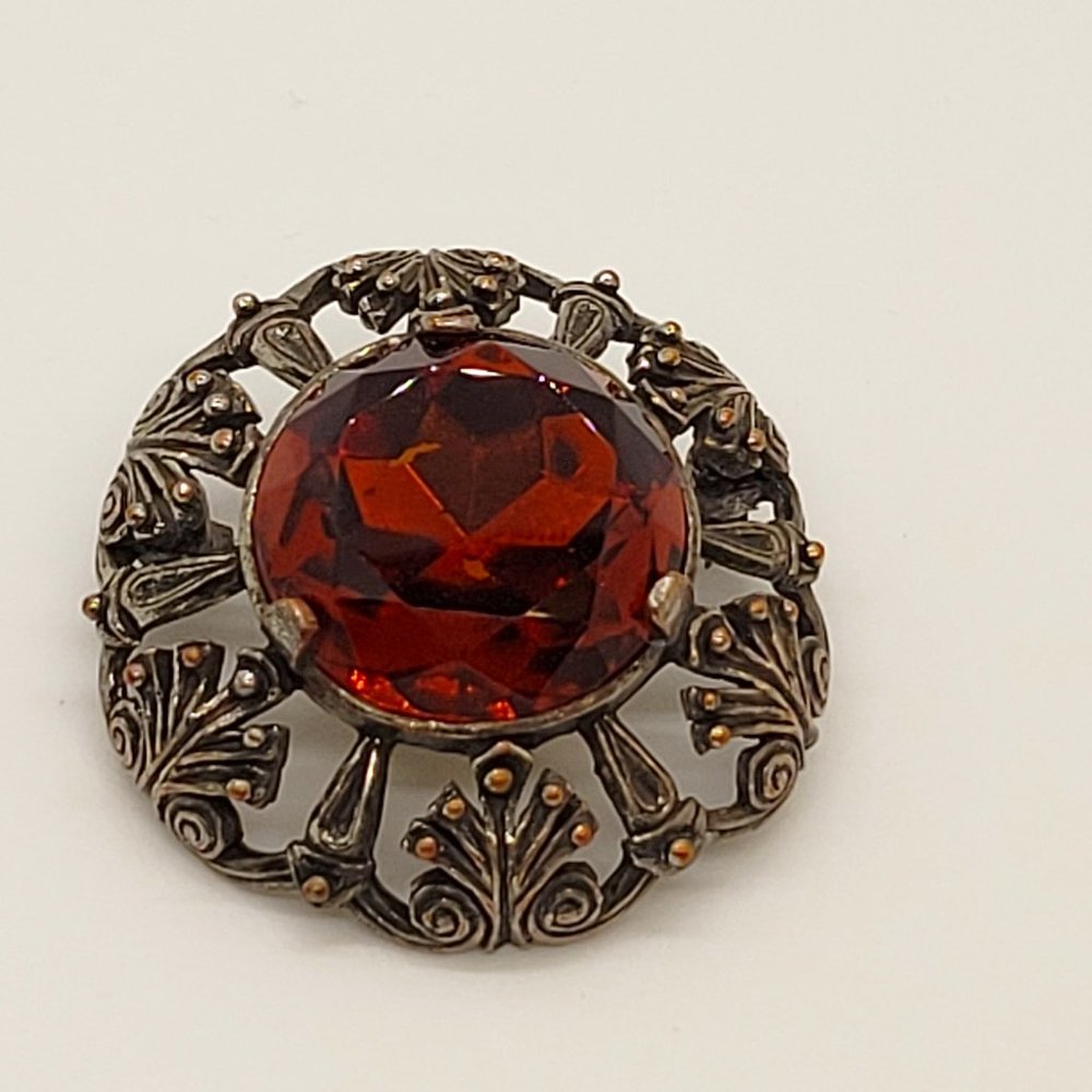 Scarf or Brooch Jewelry, with Amber Crystals and Silver Coloring, Circular Shape